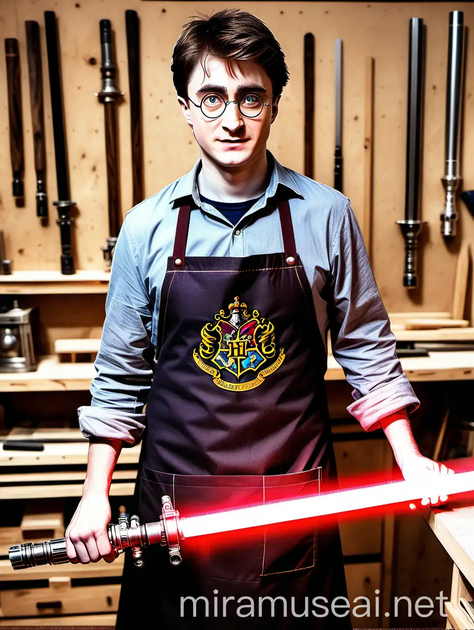 Harry Potter with Lightsaber Crafting in Woodworking Shop