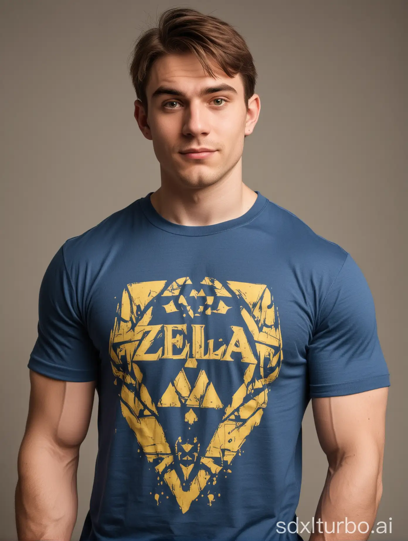 very rich and autistic young man with Zelda T shirt with big muscles