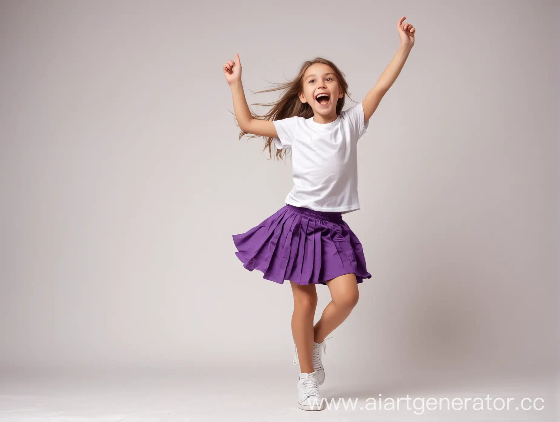 Веселая девочка 10 лет в белой футболке и фиолетовой юбке подпрыгивает с руками вверх и ногами вверх на белом фоне