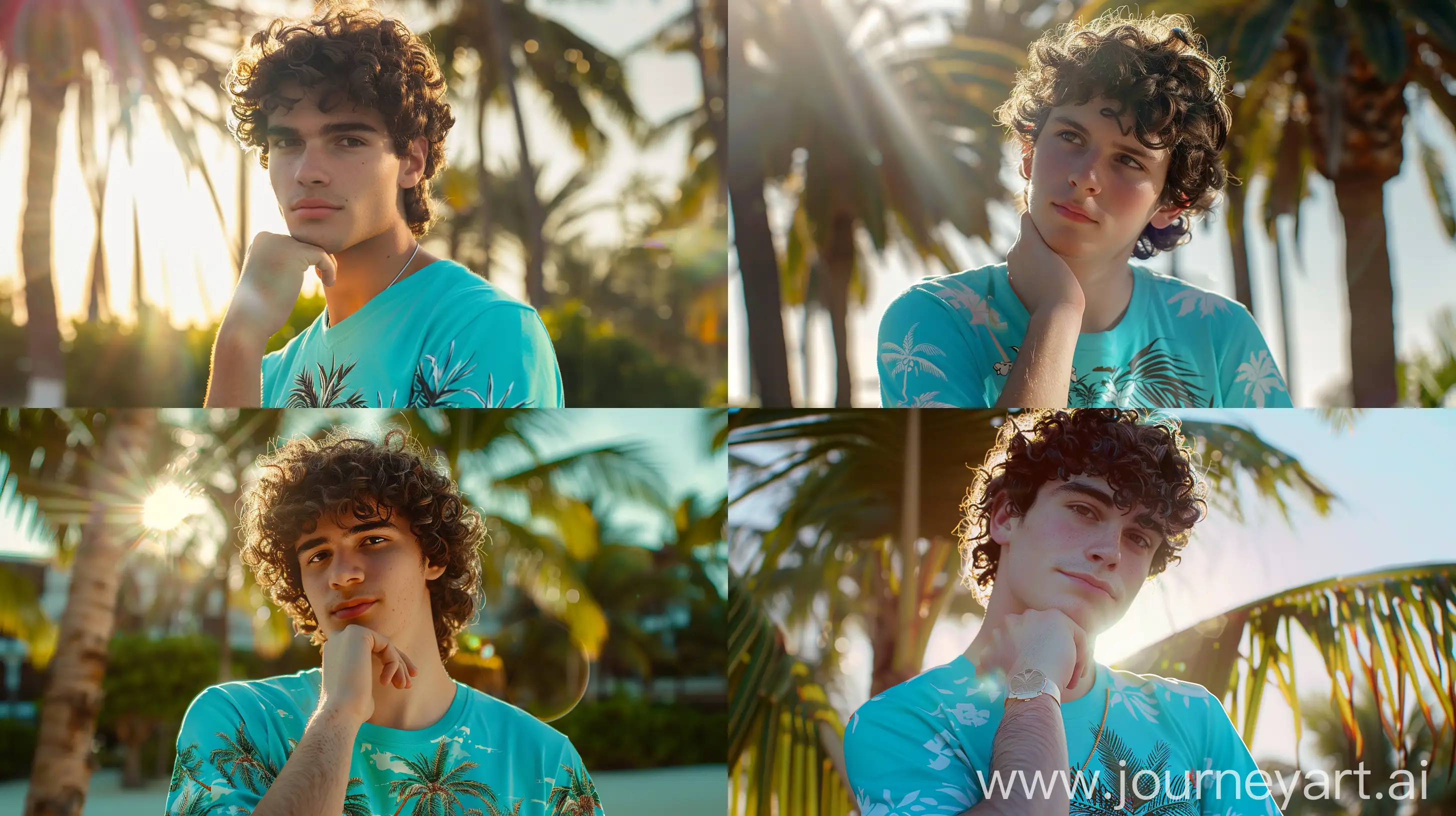 A white skin Greek young man, curly dark brown hair, hand under the chin, turquoise blue Hawaiian design t-shirt, sun shine in back of his hairs, the palm trees in the background, bright mode, hyper realistic --ar 16:9
