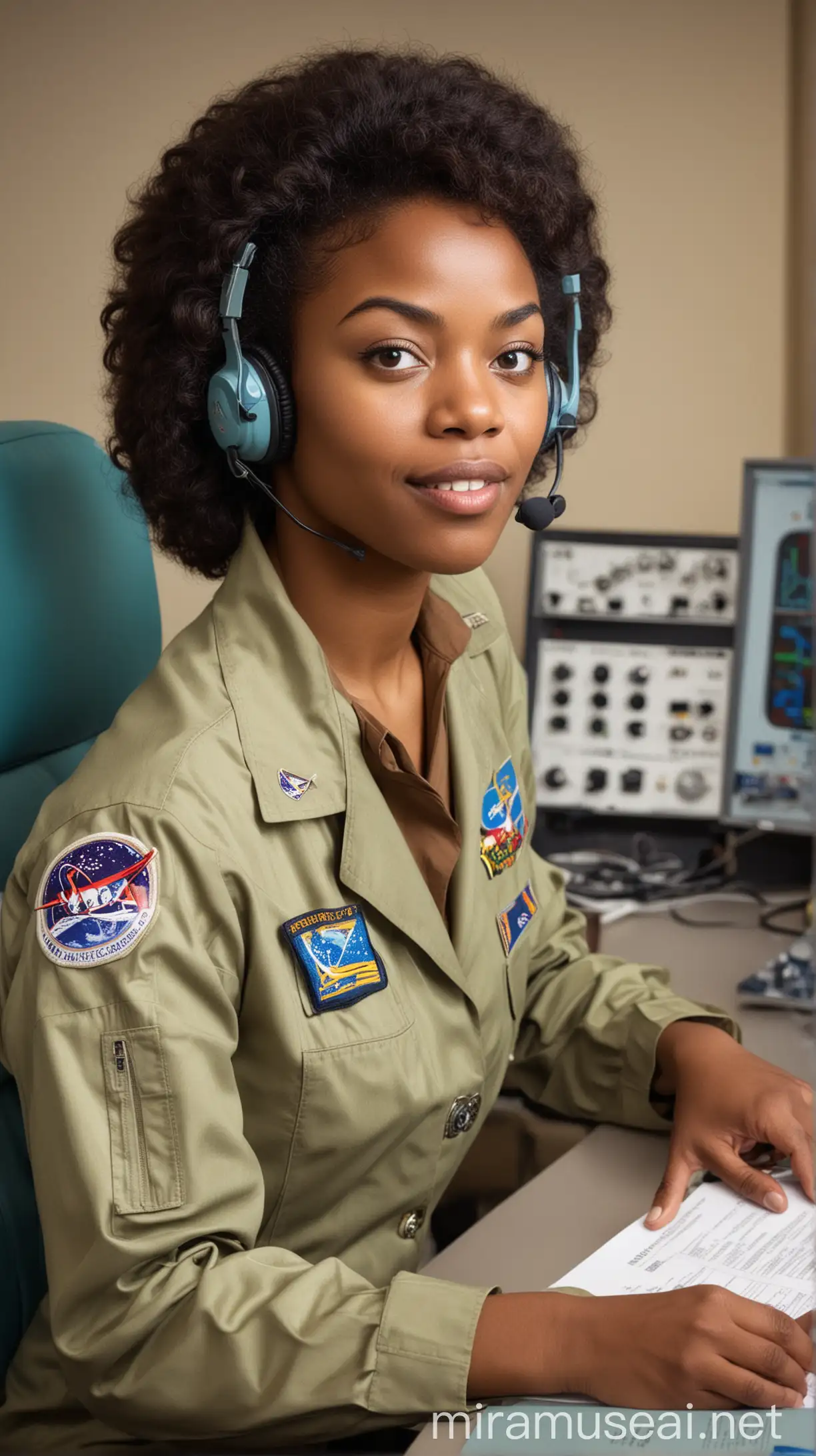 A retro national space agency ground control member. She is African American. She is working.