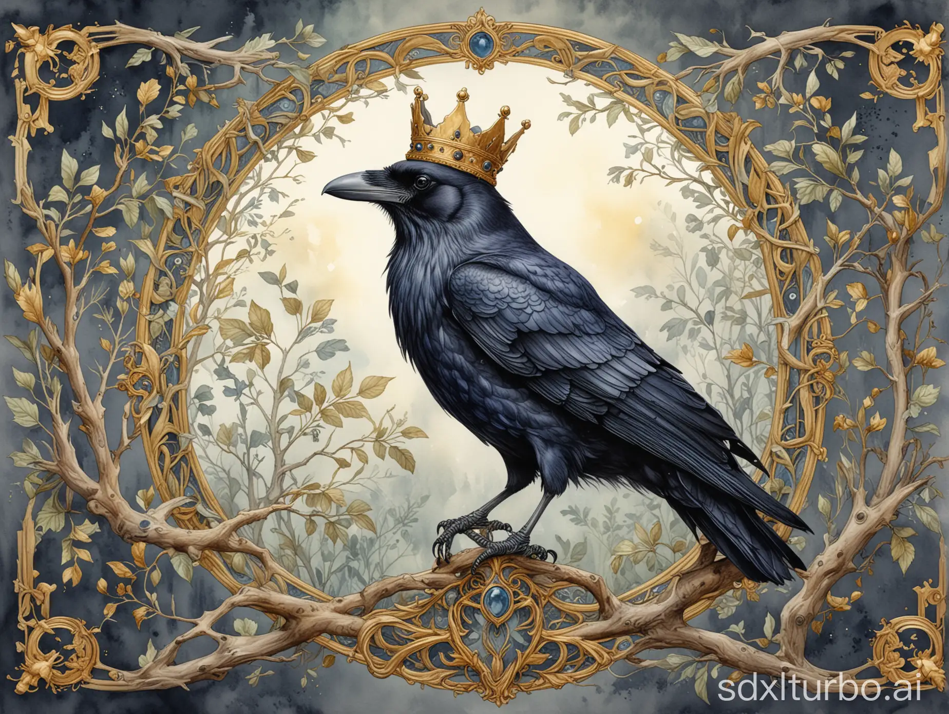 A raven crowned with a golden crown sits on a branch, highly and delicately detailed drawing, intricate watercolor, art nouveau borders