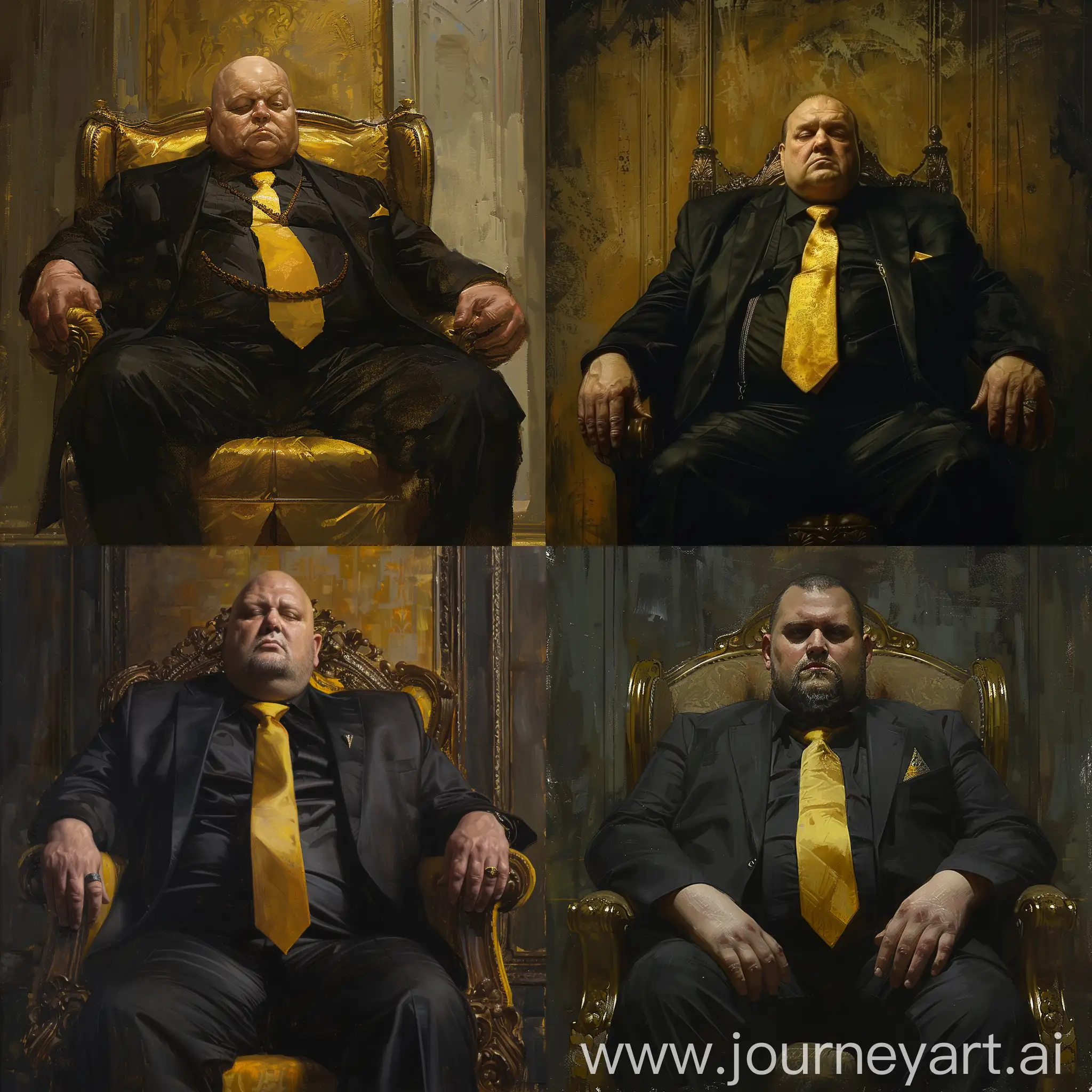 Жирный миллионер Макс Максбетов в черном костюме и черной рубашке с желтым галстуком сидит на троне на фоне стены