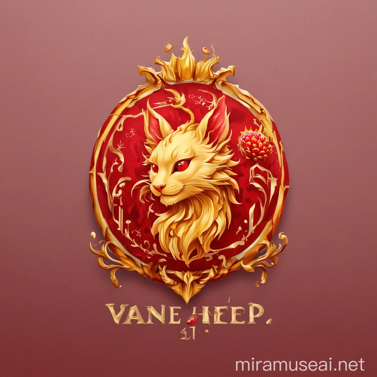 Luxurious Logo Design Featuring Van Hiep with Elegant Red and Yellow Dragon Fruit and Cat Elements