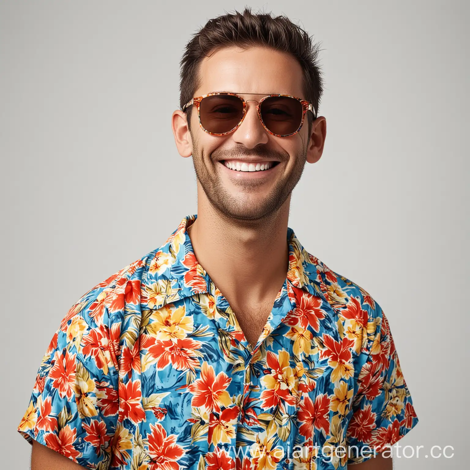 улыбающийся человек в пляжной рубашке и в солнечных очках на белом фоне портретная фотография