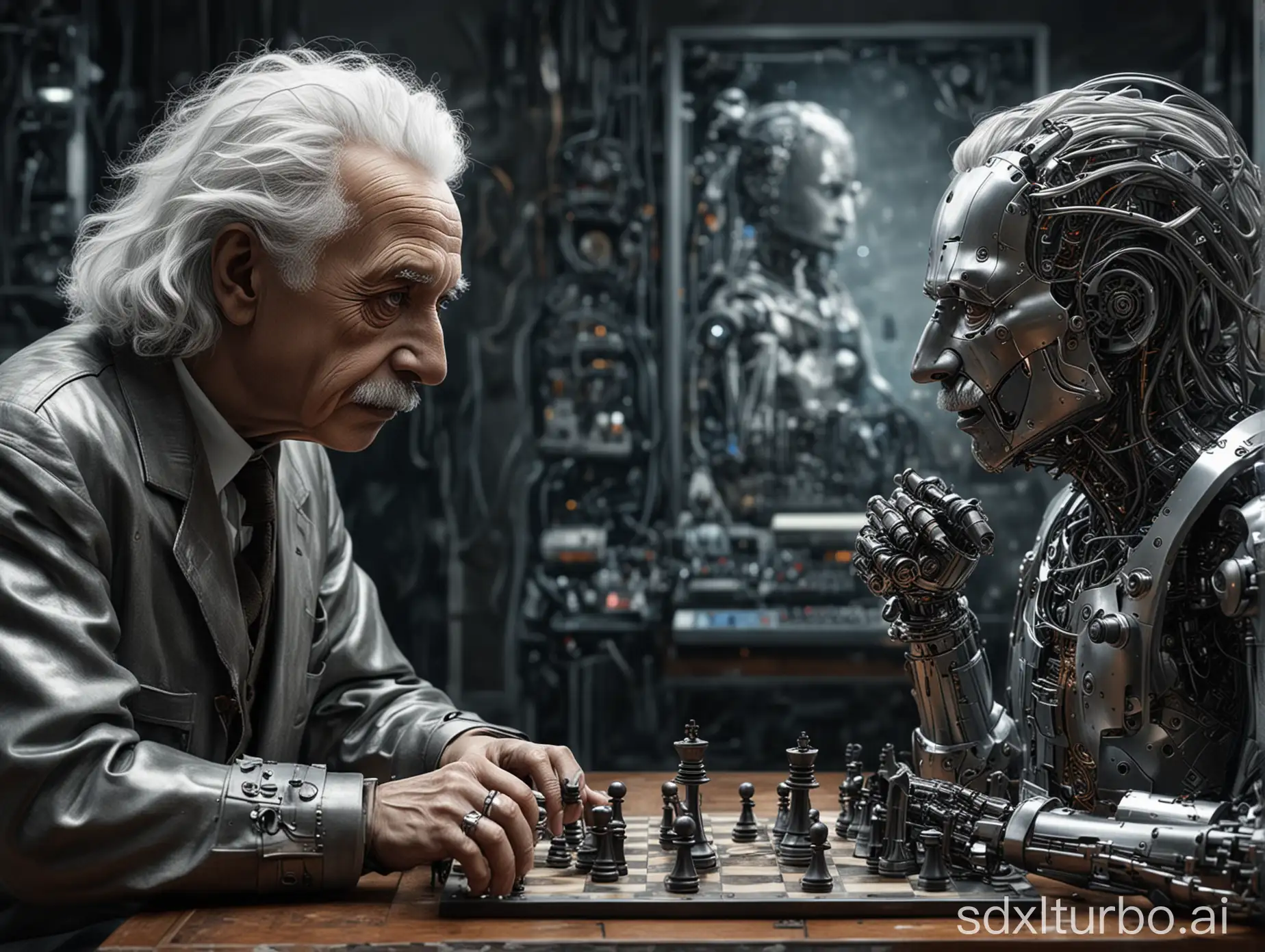 ["Albert Einstein plays chess against a highly modern metallic cyborg,","in the background a large futuristic computer,","very detailed, hyperrealistic"]