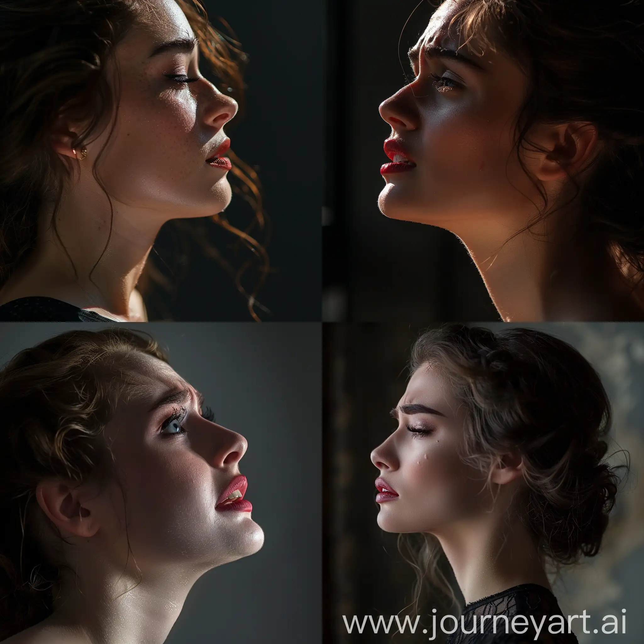 Professional photograph of a young woman getting ready for her wedding, about to cry, gorgeous, super model, profile shot, realistic lighting and shadows, lipstick, makeup, bushy eyebrows 