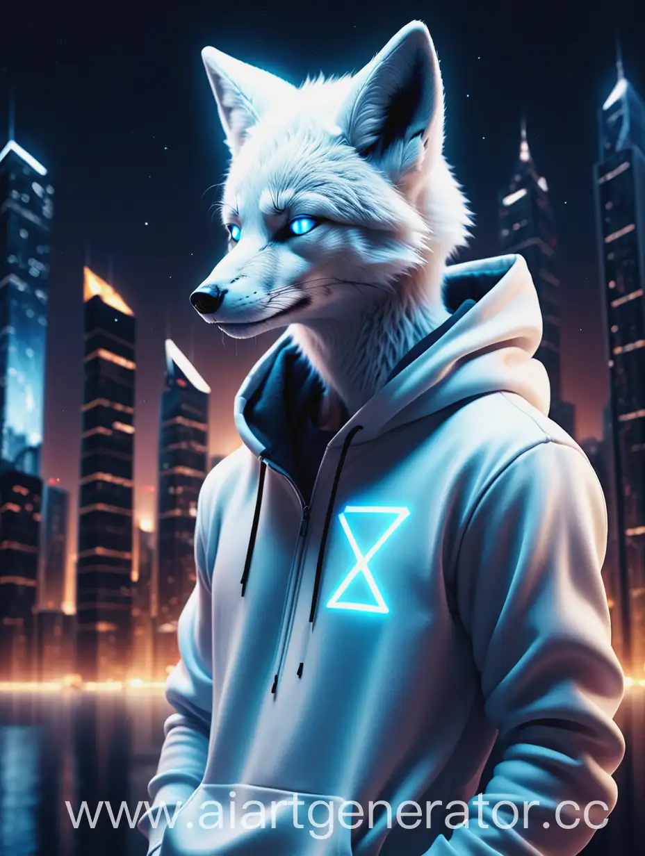 A white fox man in a hoodie, against the background of a large night city with glowing rooms