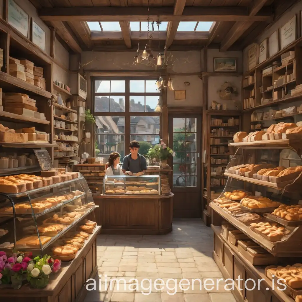 There's a bakery that has been opened by a young couple, and in this bakery, there is also a small section of books and a flower shop for sell . Describe the view from inside, along with the boy and the girl.