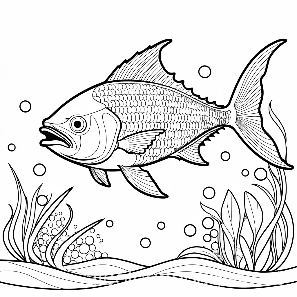 Coloring Page for kids , full of scales,  illustration of a playful Tuna , black and white, line art, white background, Simplicity, Ample White Space. The background of the coloring page is plain white to make it easy for young children to color within the lines, simple vector art. The outlines of all the subjects are easy to distinguish, making it simple for kids to color without difficulty, Coloring Page, black and white, line art, white background, Simplicity, Ample White Space. The background of the coloring page is plain white to make it easy for young children to color within the lines. The outlines of all the subjects are easy to distinguish, making it simple for kids to color, Coloring Page, black and white, line art, white background, Simplicity, Ample White Space. The background of the coloring page is plain white to make it easy for young children to color within the lines. The outlines of all the subjects are easy to distinguish, making it simple for kids to color without too much difficulty
