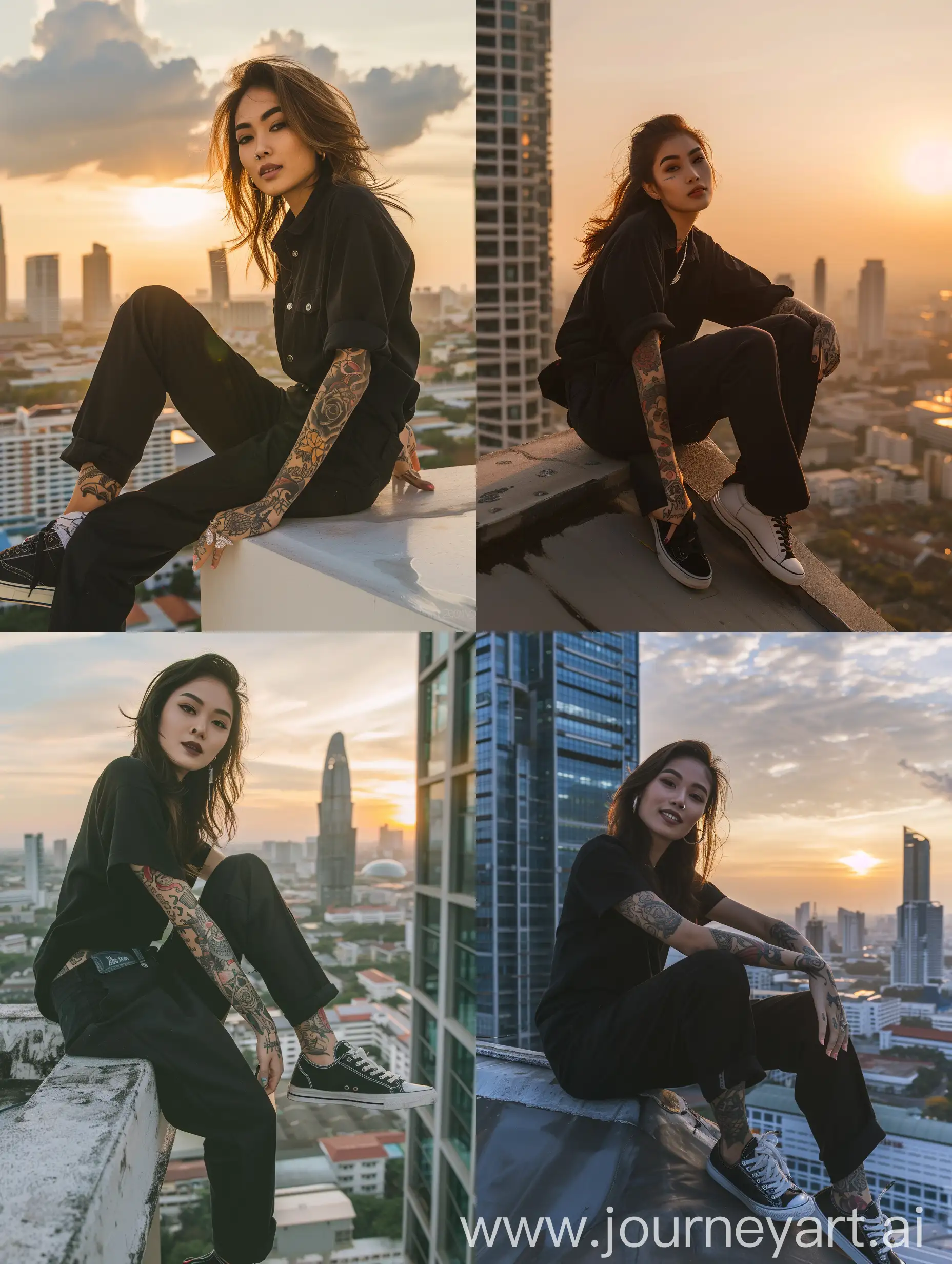 Portrait taken from the side, professional photography, full color, wide angle, beautiful 20 year old Thai woman, wearing black shirt, trousers..., sneakers, full of tattoos on her arms, rapper style, sitting on the roof of a tall building, his legs seem to be hanging, view of the metropolitan city in front of him, bright sky, morning sunset, sharp look at the camera, smiling at the camera