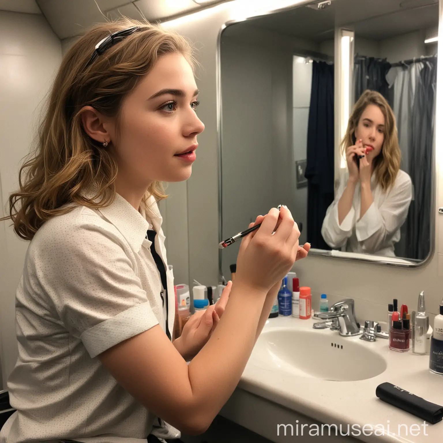 Willa Fitzgerald Applying Makeup in Airplane Lavatory