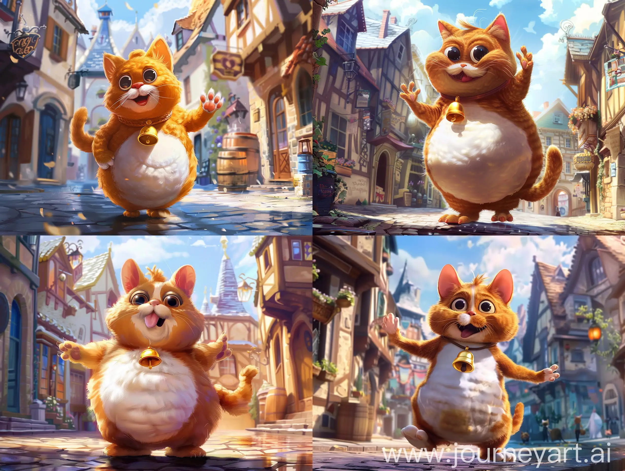 masterpiece, 4k HD wallpaper, best quality, high resolution, one small fatty and cutie Garfield cats, white stomach part with a golden bell on its chest, walking on a fairy tale street. waving their mouths, big black eyes, anime background