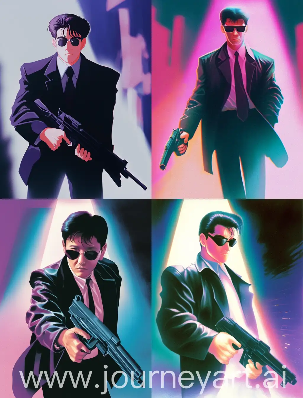 masterpiece, best quality, faded pastel illustration of A Better Tomorrow (1986 Hong Kong action film) , Mark Lee, Black coat with black suit, shirt, black trousers and sunglasses, holding gun in both hands, 