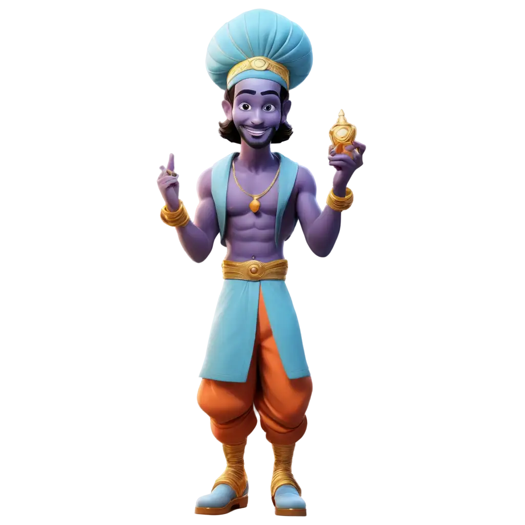 A stunning 4K wallpaper featuring a 3D rendered genie from Aladdin's magic lamp, browsing through online shopping websites on a sleek, floating holographic device. The genie sits cross-legged in a swirling cloud of smoke and magic, with his iconic turban and vibrant, multicolored robe. The background is a futuristic cyber cityscape with neon lights and holographic billboards. The overall atmosphere of the image is vibrant, playful, and futuristic., 3d render