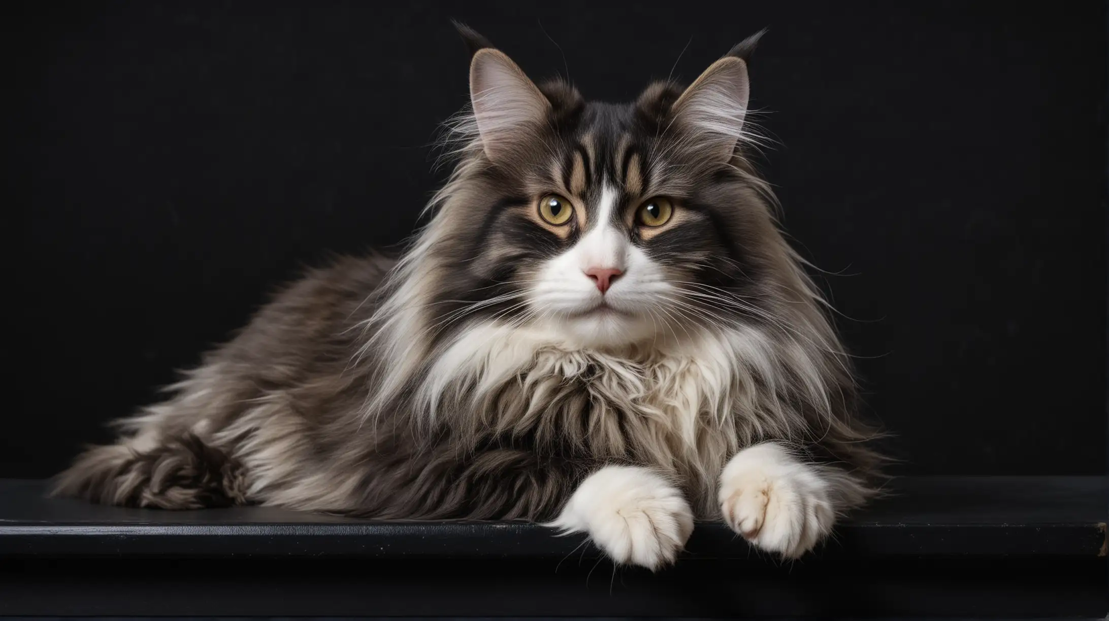 Majestic Norwegian Forest Cat Portrait on Elegant Black Shelf
