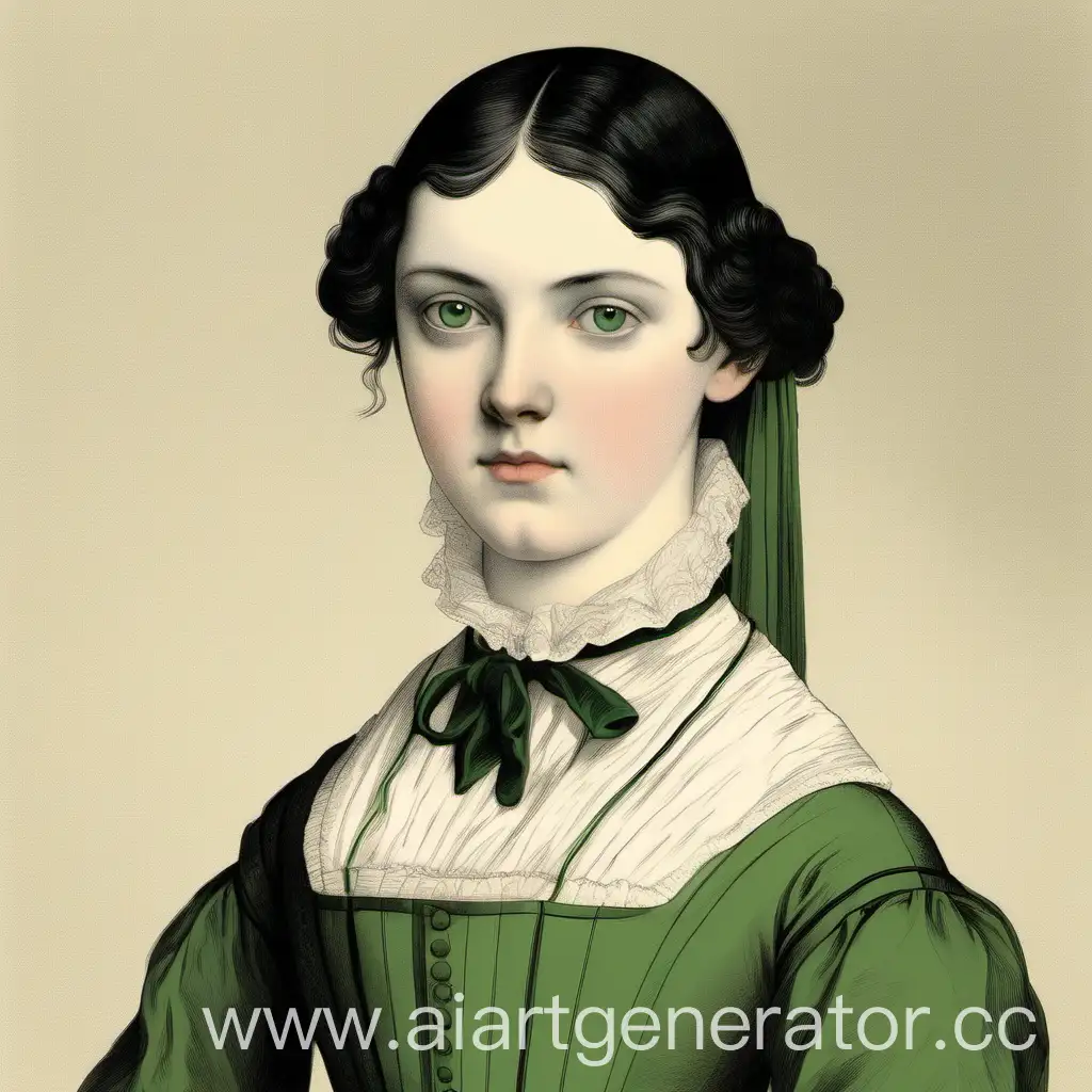 19 век, девушка 16 лет, бледная кожа, зелёные глаза, чёрные волосы, острые черты лица, прямой нос, тонкие губы, узкие глаза, строгий и уставший взгляд, зелёное платье с длинным воротом 19 века