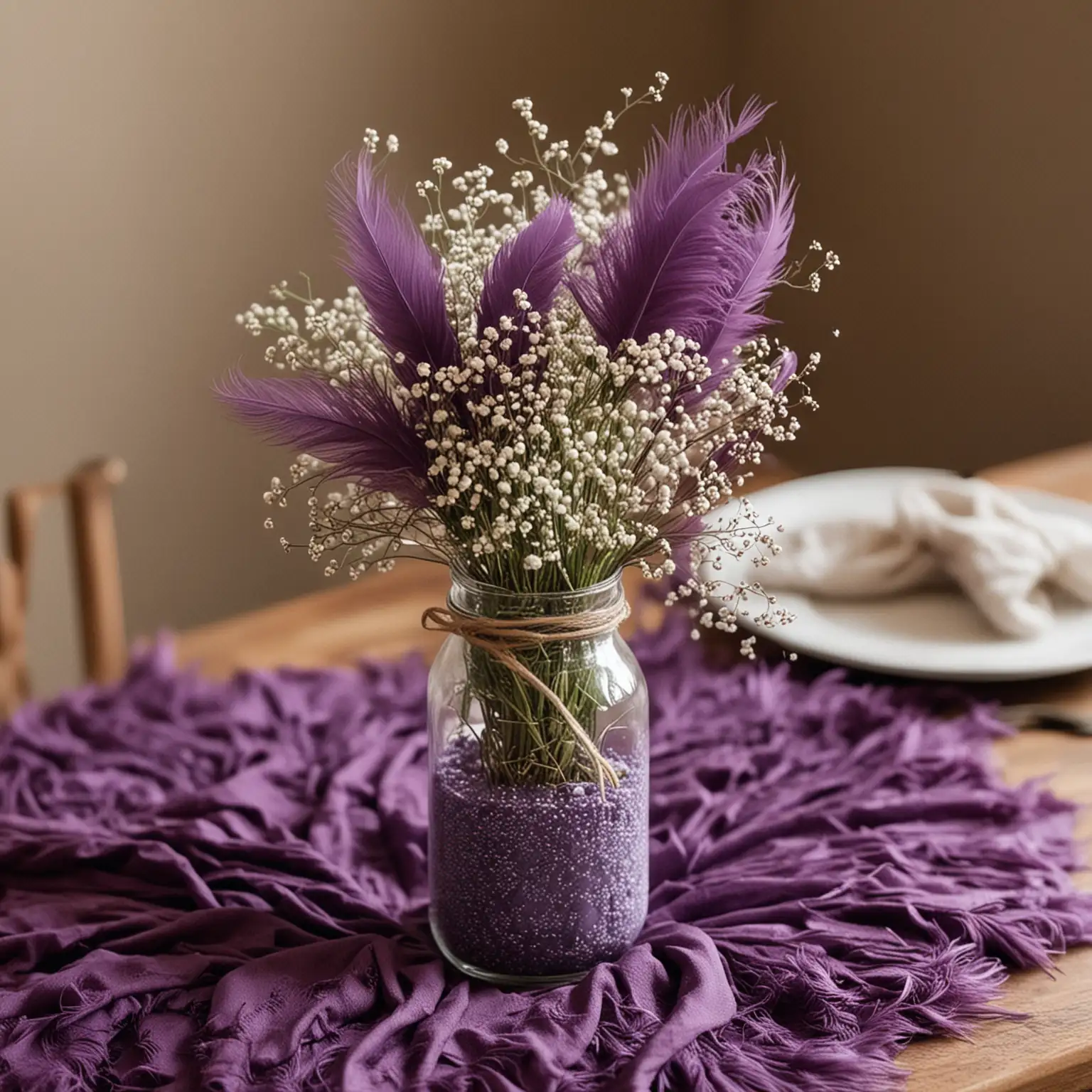 a boho wedding centerpiece using a jar covered in purple fabric and holding baby's breath and purple feathers