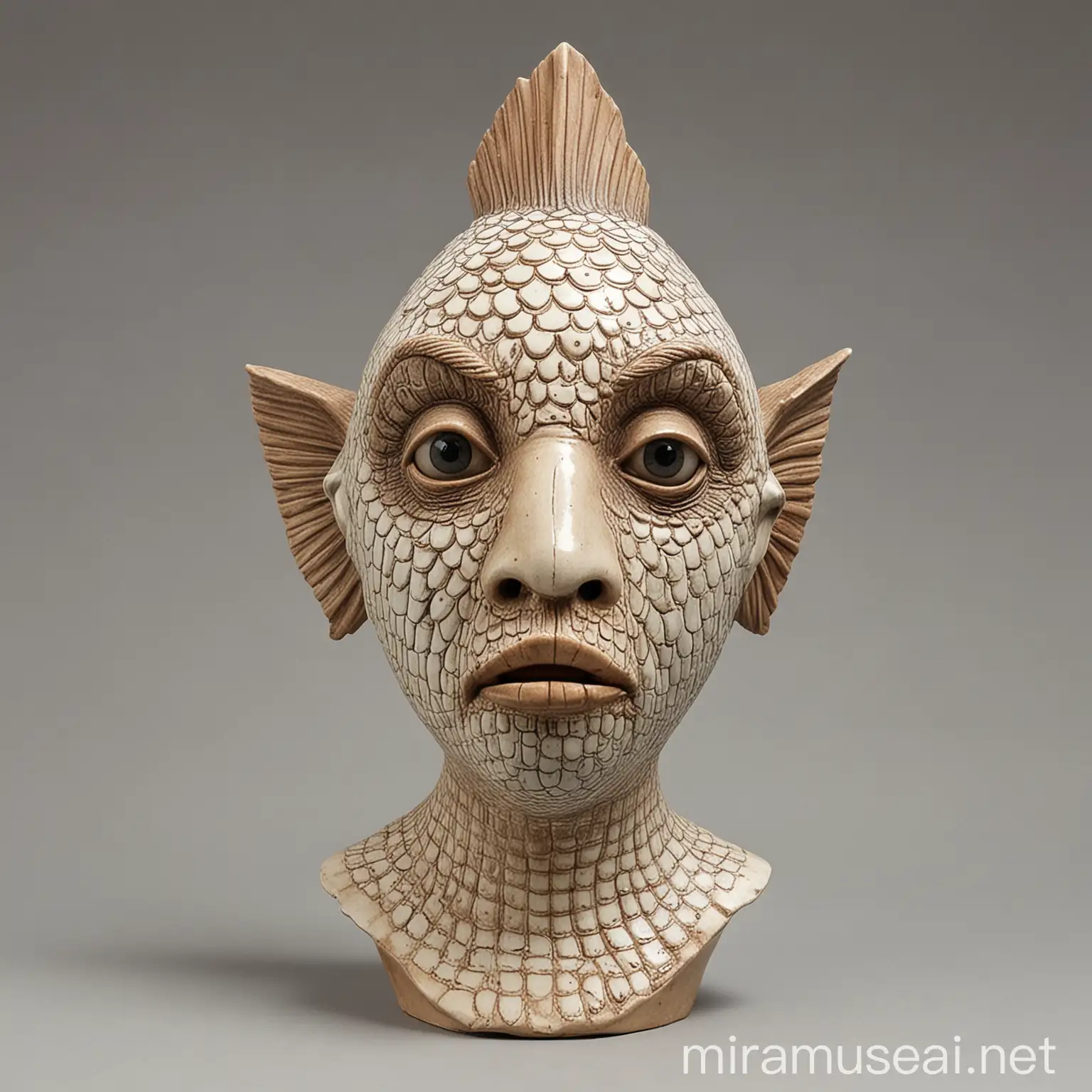 busto ceramica ,  cara pez humano, , primitivo, escamas, aletas, pez, primitivo