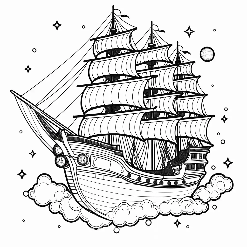 Steampunk pirate ship in space, Coloring Page, black and white, line art, white background, Simplicity, Ample White Space