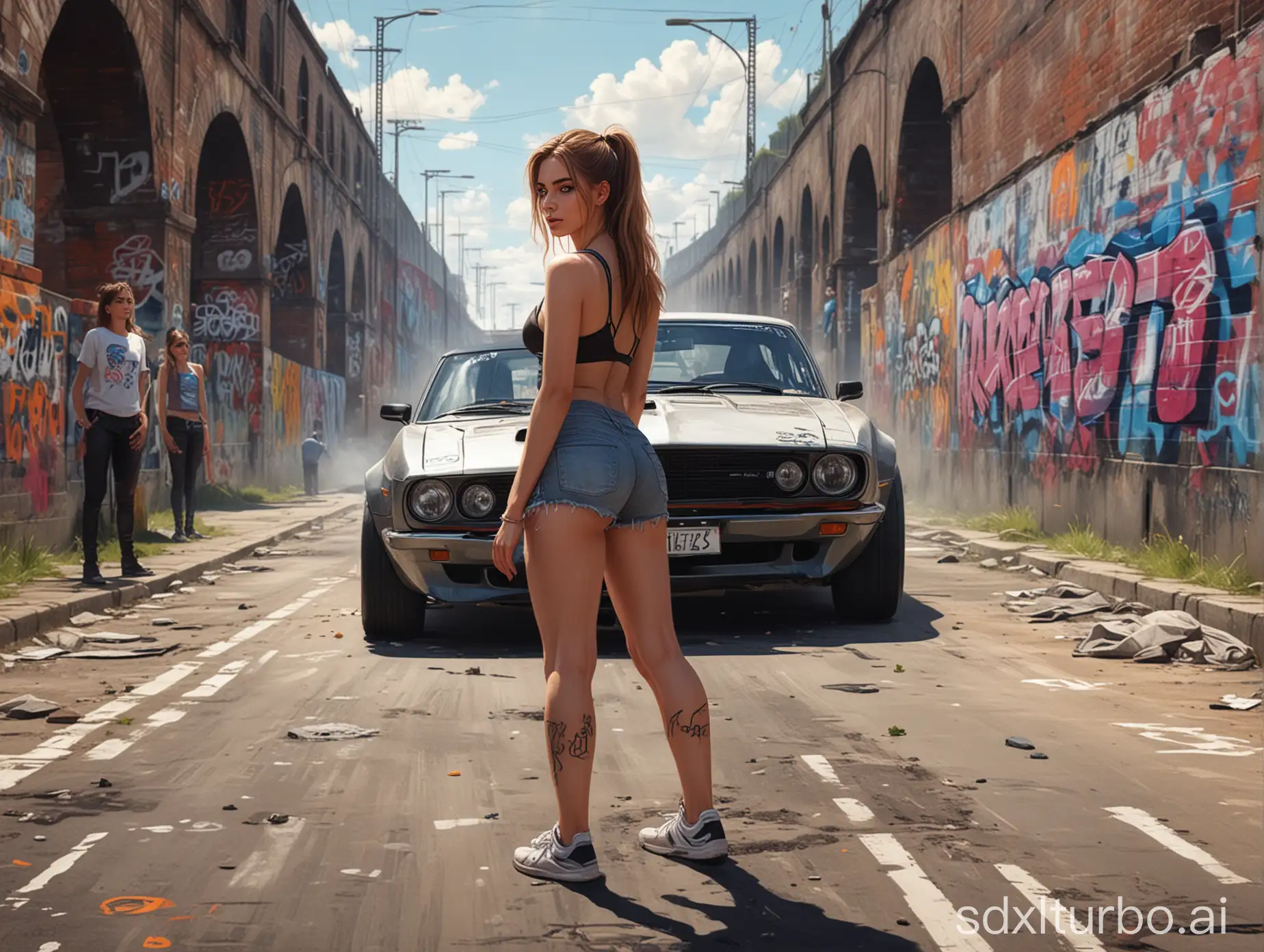 Please draw a street racer girl who gives the start to two cars in a race, stands with her back to full height, in the background are spectators a viaduct and a straight road and walls with bright graffiti