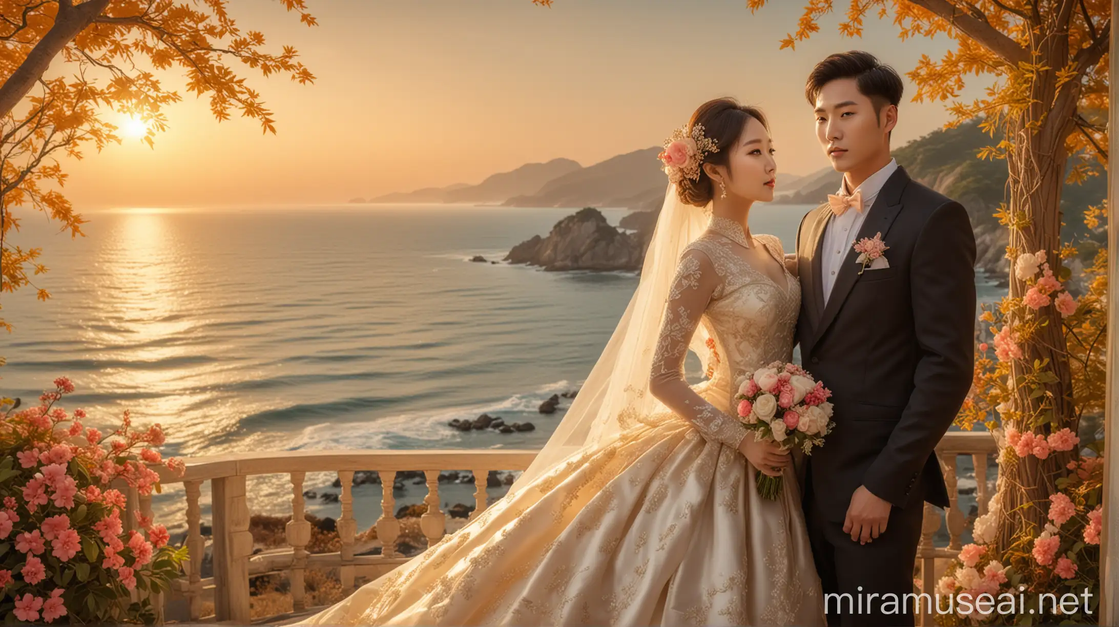 Stunning Korean Bride and Groom Pose Serenely by the Sea