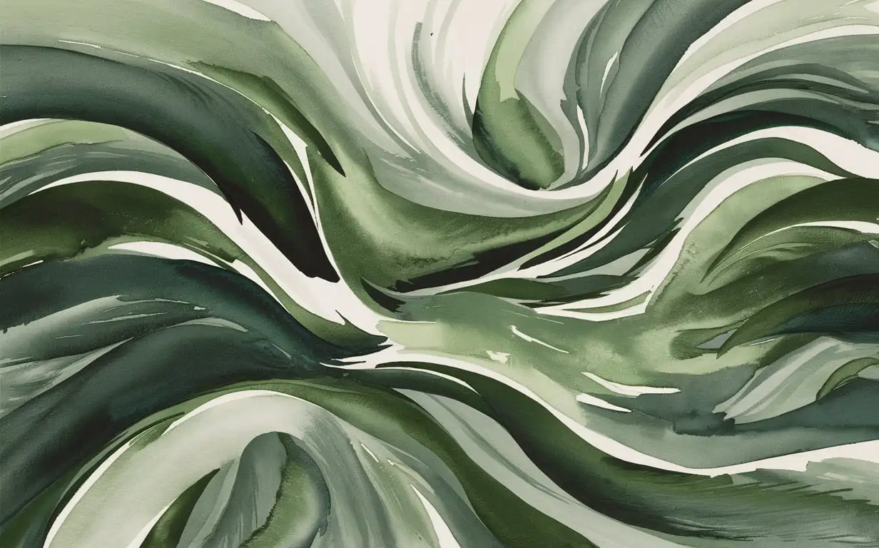 Abstract Watercolor Painting with Grey and Green Swooping Lines