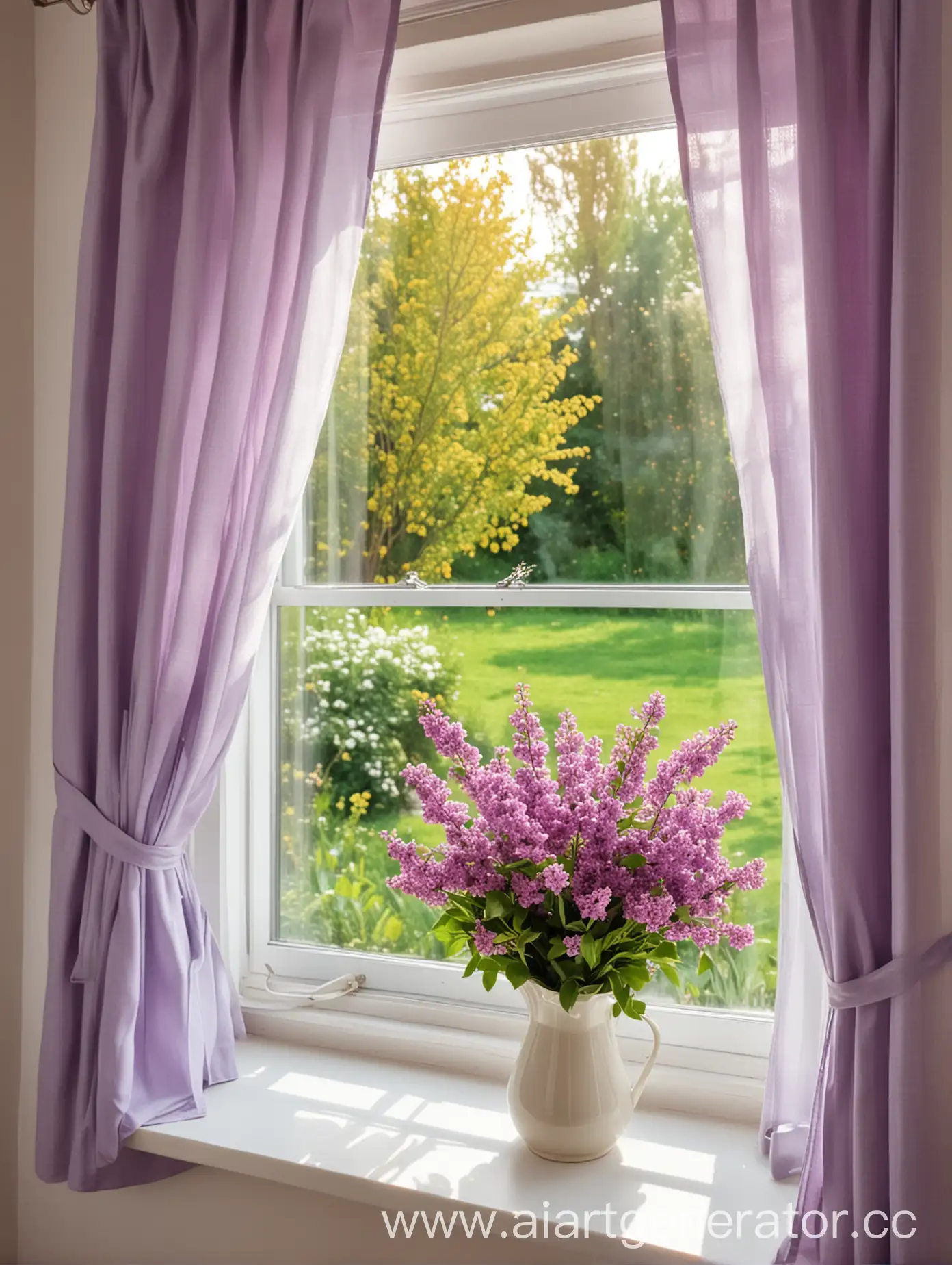 Cozy-Sunrise-Garden-View-with-Lilac-and-Cherry-Tree-Bouquet