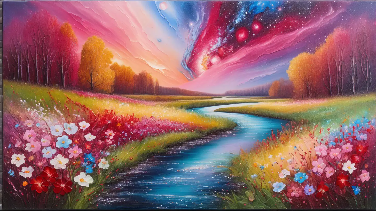 Abstract Textured Oil Painting of Galaxies and Autumn flowers with green and Blue and red. Pink and Red luminescent sky and a river