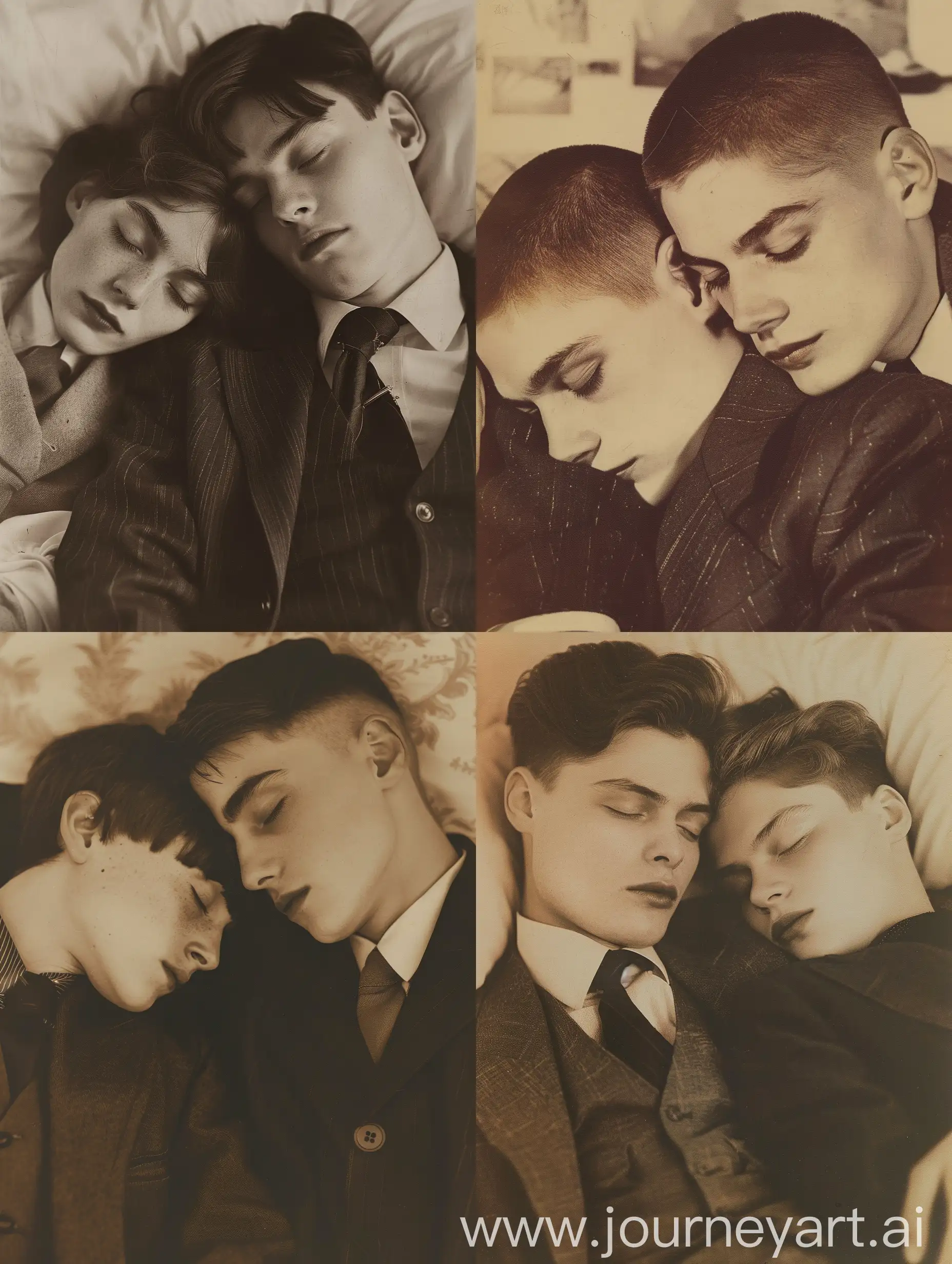 a painting of two people sleeping on a bed, a sketch, warm mood, glen orbik, very close shot, amano and olivier ledroit, a black and white photo of a man in a suit and tie, a black and white photo, inspired by Gyula Basch, tumblr, neo-dada, brown buzzcut, he is about 20 years old, raf simons fashion couture, old color photograph