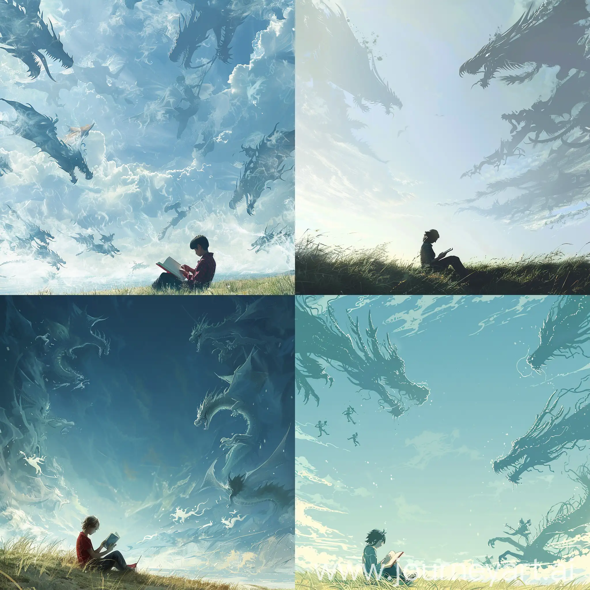 广阔遥远的晴空，一个人坐在草坪上看日记，天空浮现着龙与人类战斗的淡淡的虚影