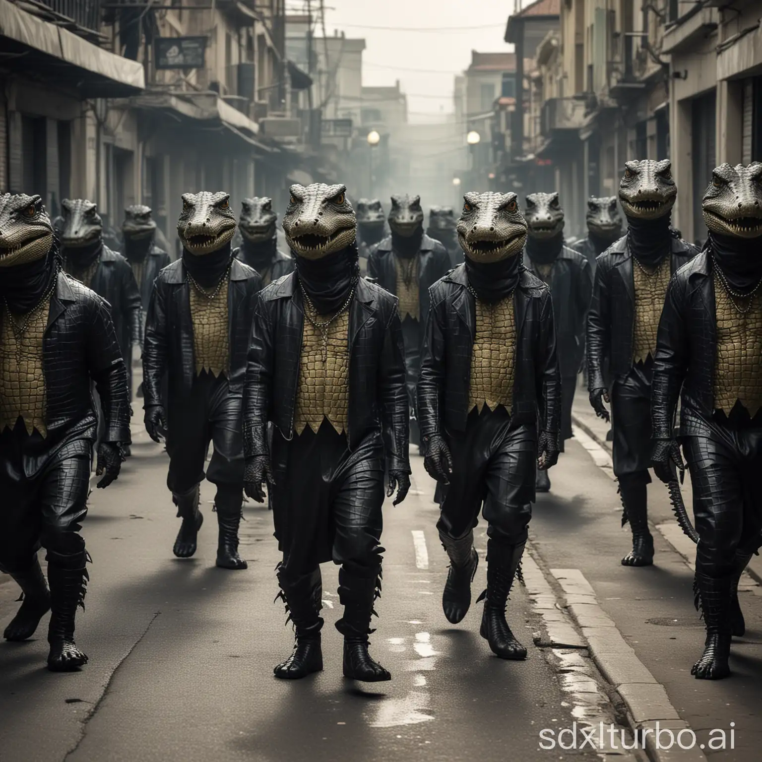 crocodiles in costumes, walk down the street, walking like a gang, walking in lines, mysterious, dark costumes, criminals, cap with blinder, horde of gang crocodiles, crocodile gena,