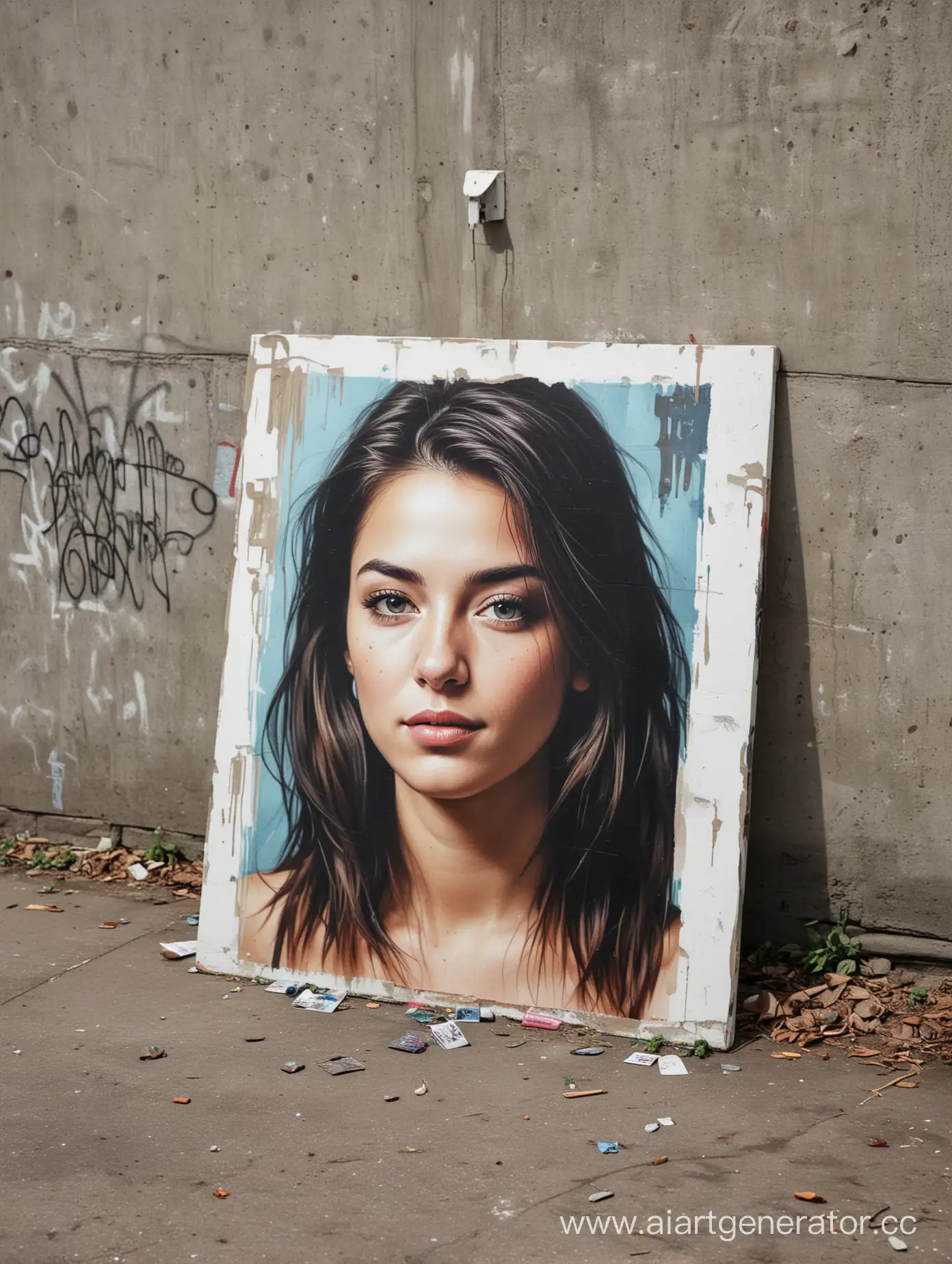 A portrait on canvas stands on the floor in a park, leaning against a graffiti wall.