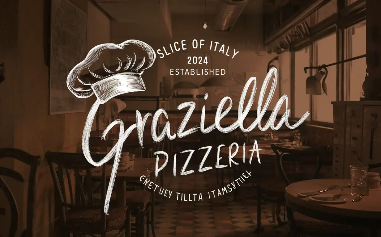 Handwriting Graziella Pizzeria logo, Italian colors, Sketched Chef's Hat, Slogan, Slice of Italy, Cozy Restaurant Atmosphere, EST 2024
