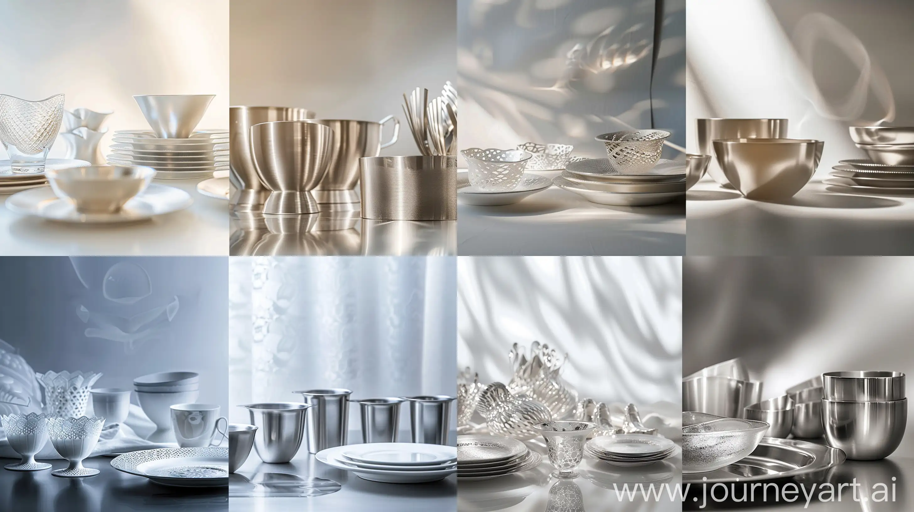 A high-resolution photograph showcasing the comparison between bioglass porcelain and stainless steel, highlighting their respective advantages and disadvantages. On the left side of the image, a set of bioglass porcelain dinnerware is elegantly arranged, emphasizing its ecological safety, corrosion resistance, and aesthetic appeal. Each piece exhibits intricate design details, showcasing the material's versatility and potential for customized designs. On the right side, a collection of stainless steel kitchenware is displayed, showcasing its strength, durability, and resistance to high temperatures and mechanical damage. The composition is balanced, with equal emphasis on both materials, allowing viewers to visually compare their attributes. Soft, diffused lighting enhances the textures and details of each material, while the background remains neutral to draw attention to the focal point.  --ar 16:9