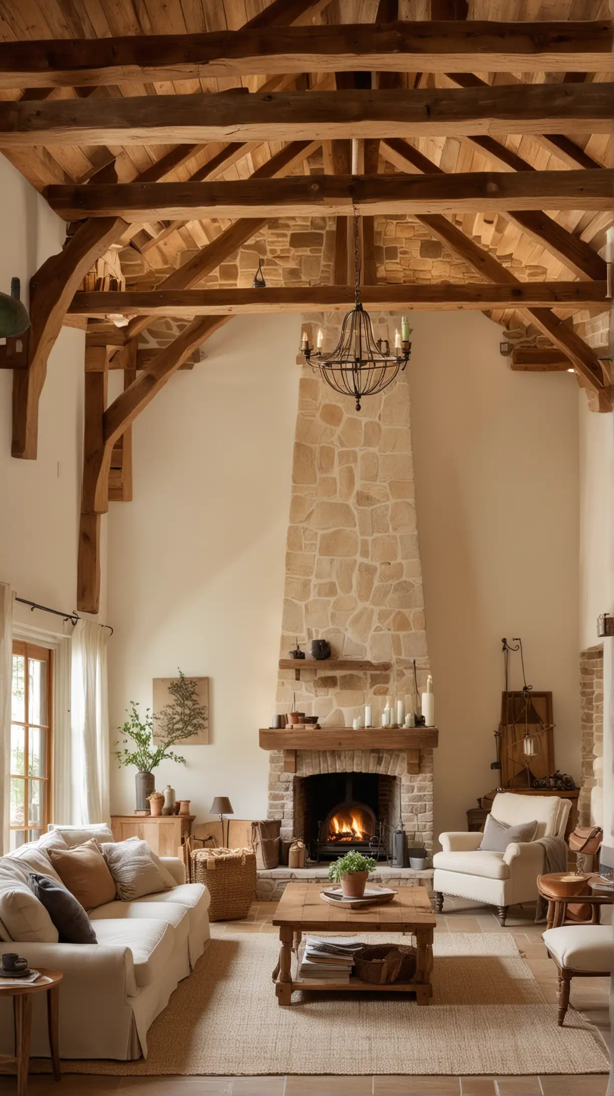 A cozy country living room with exposed wooden beams on the ceiling, featuring soft, warm lighting and comfortable seating arrangements. The decor includes earth tones and natural textures.