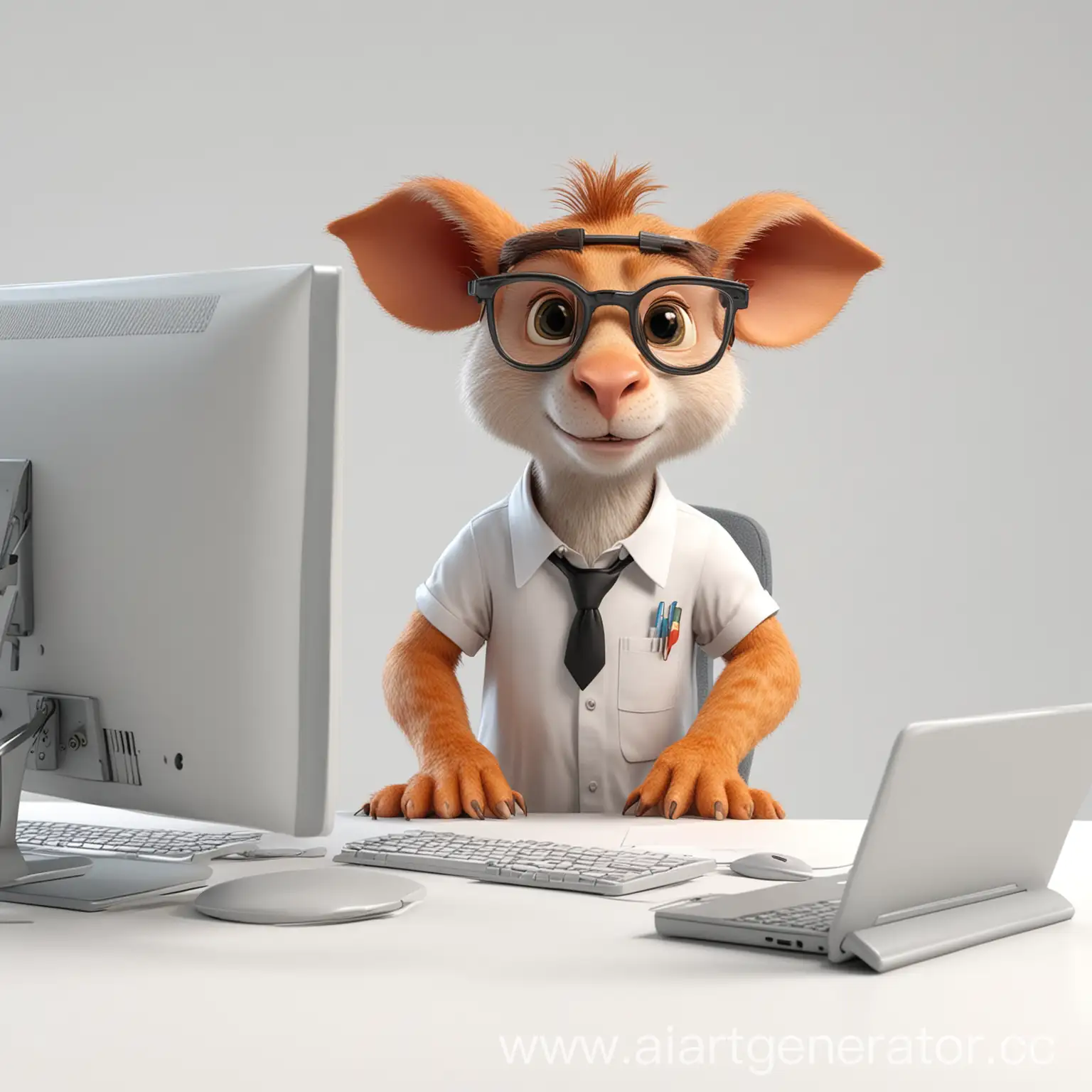 3d персонаж животного работающего в офисе как программист на белом фоне