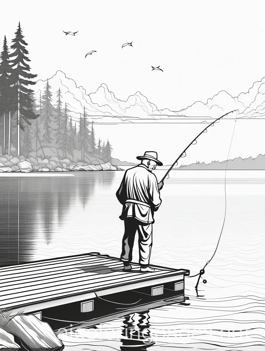An elderly man fishing off a wooden dock, surrounded by calm turquoise waters., Coloring Page, black and white, line art, white background, Simplicity, Ample White Space. The background of the coloring page is plain white to make it easy for young children to color within the lines. The outlines of all the subjects are easy to distinguish, making it simple for kids to color without too much difficulty