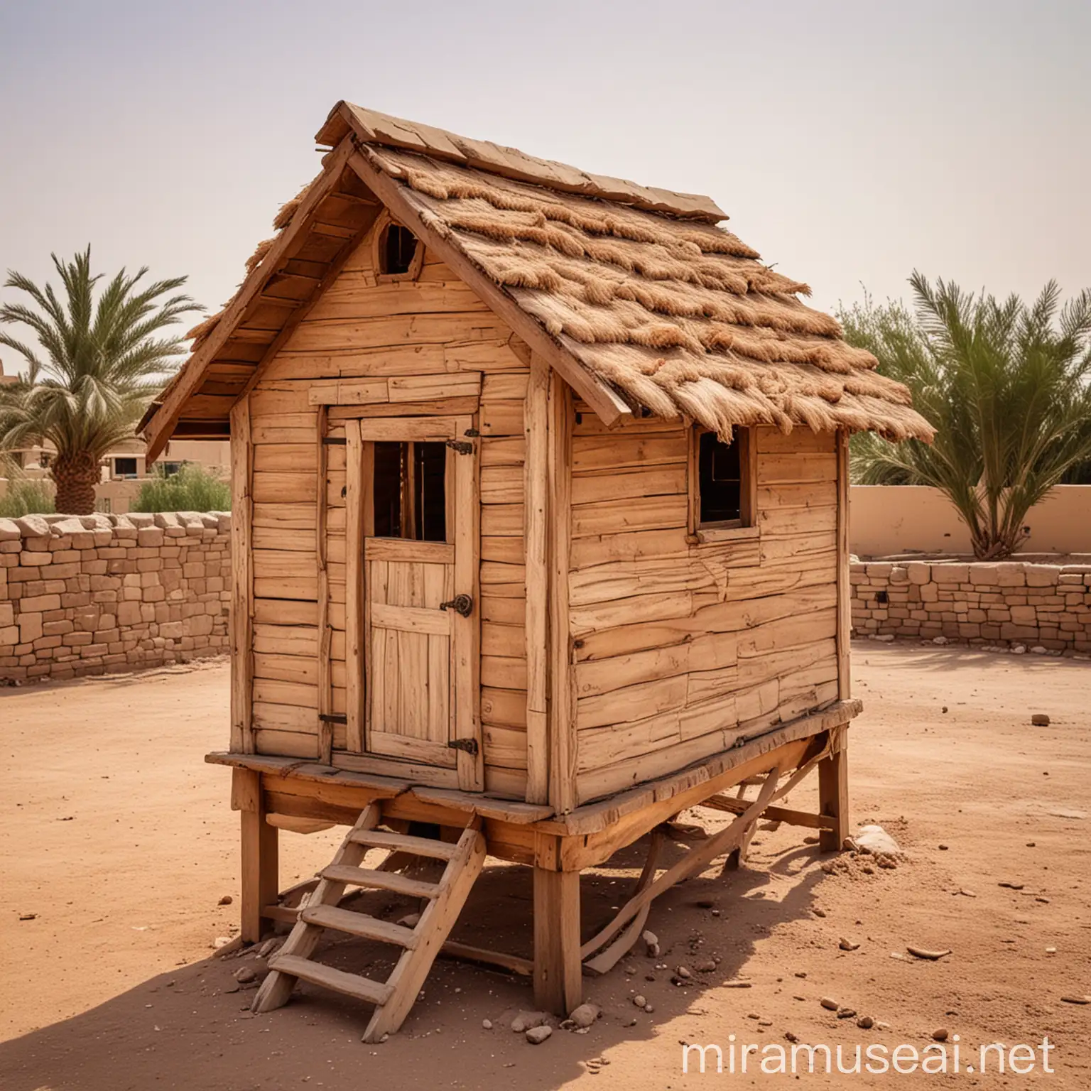 A picture of a chicken coop made of wood on the roof of the Egyptian house and the picture is a real photograph