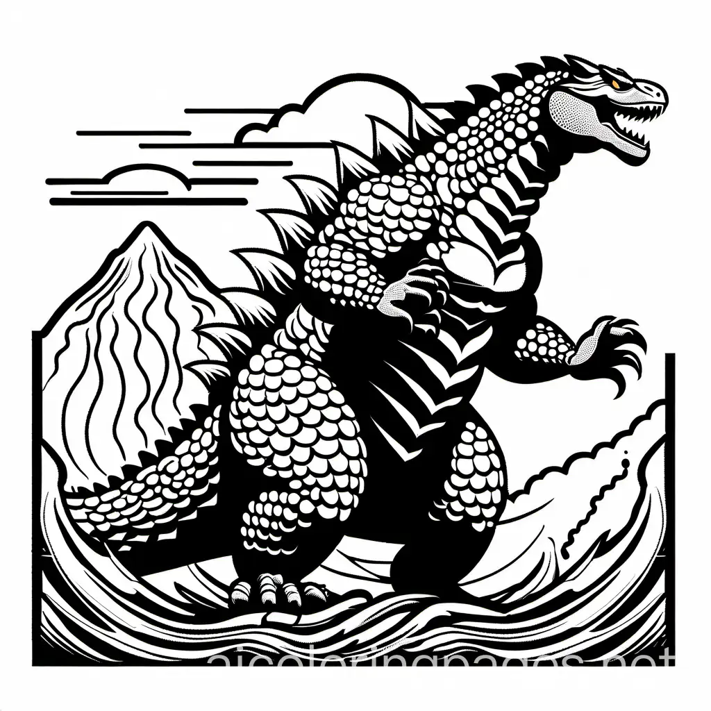 godzilla and kaiju for 8 year old, Coloring Page, black and white, line art, white background, Simplicity, Ample White Space. The background of the coloring page is plain white to make it easy for young children to color within the lines. The outlines of all the subjects are easy to distinguish, making it simple for kids to color without too much difficulty
