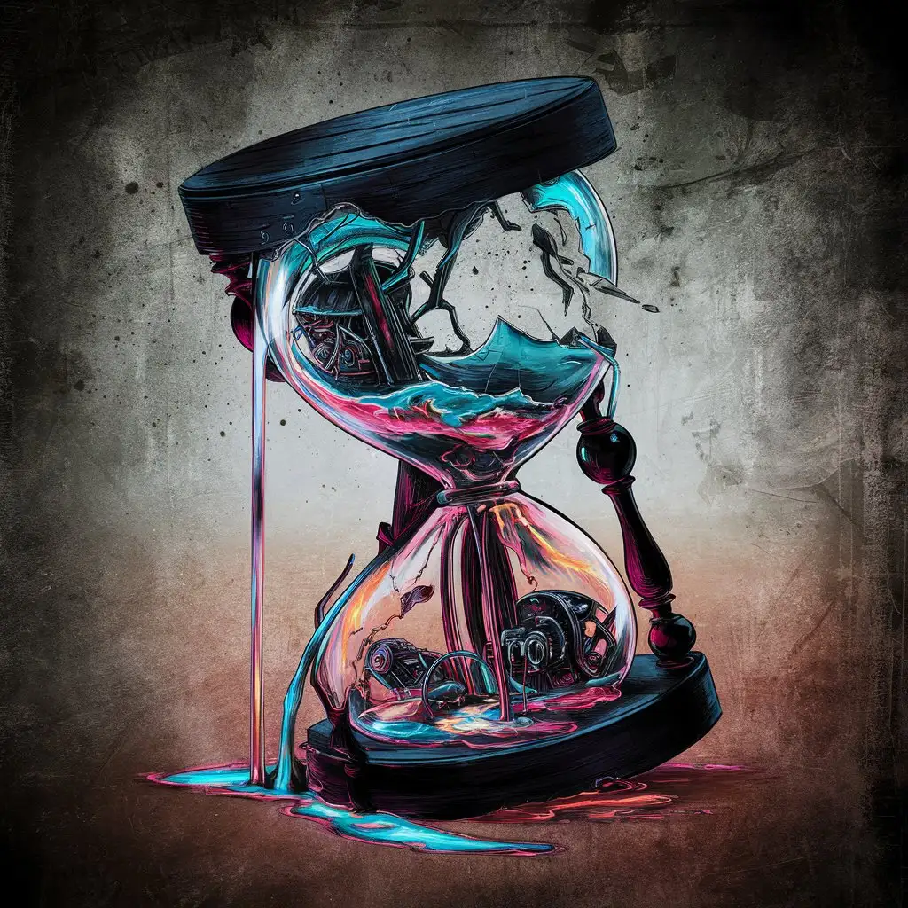 Surrealistic-Scene-Acid-Streams-from-Shattered-Hourglasses
