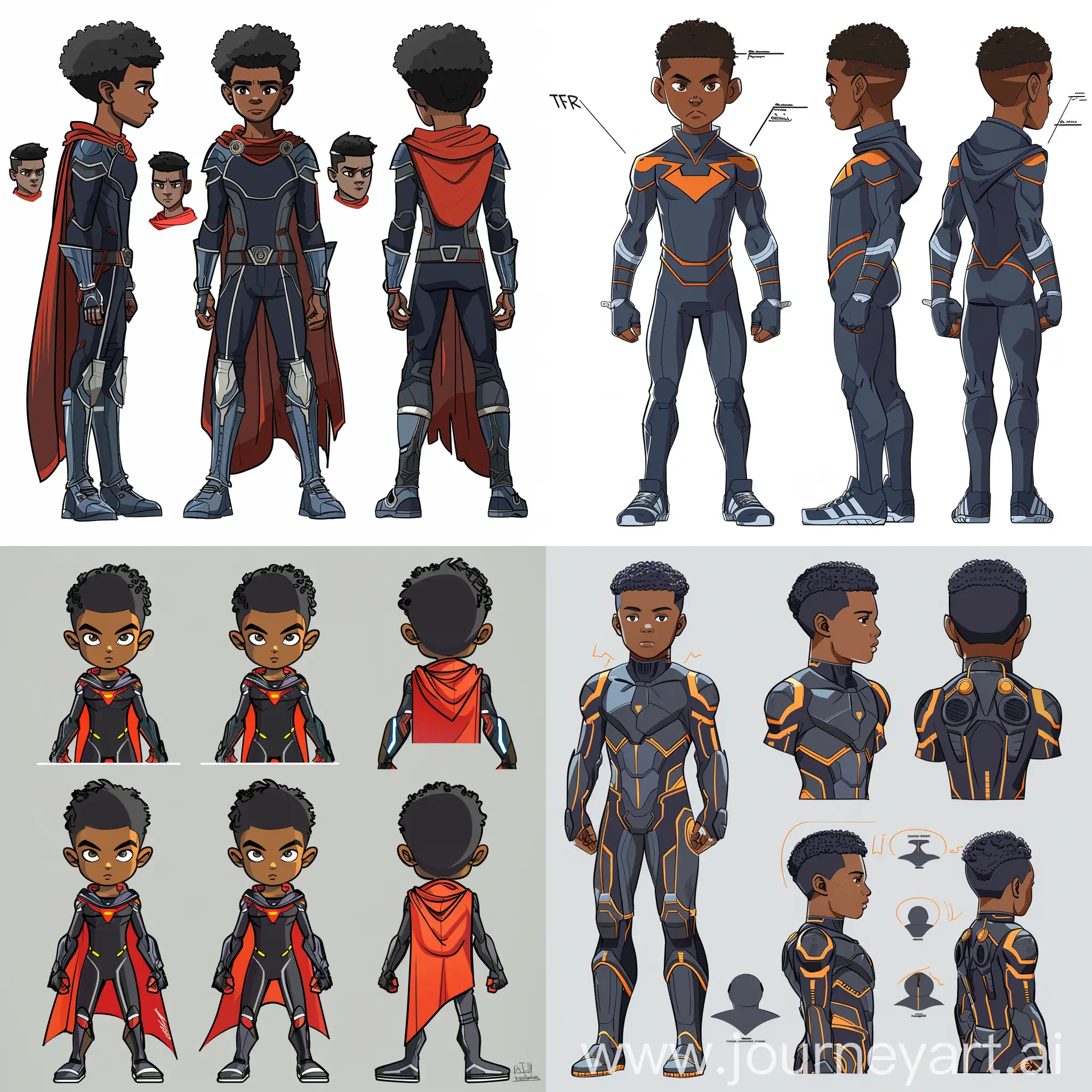 Anime Style design Character sheet of pre teen african male super powered hero
