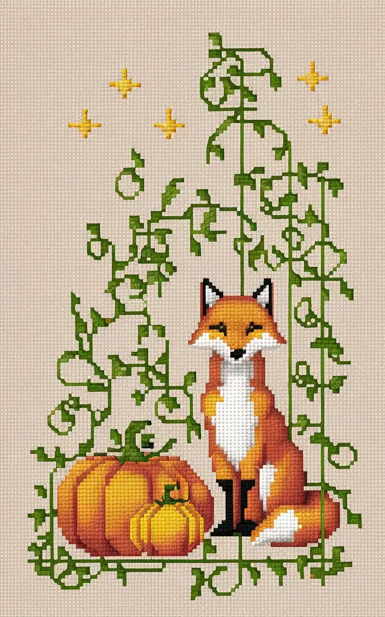 Victorian Style Cross Stitch Fox with Pumpkins and Vines