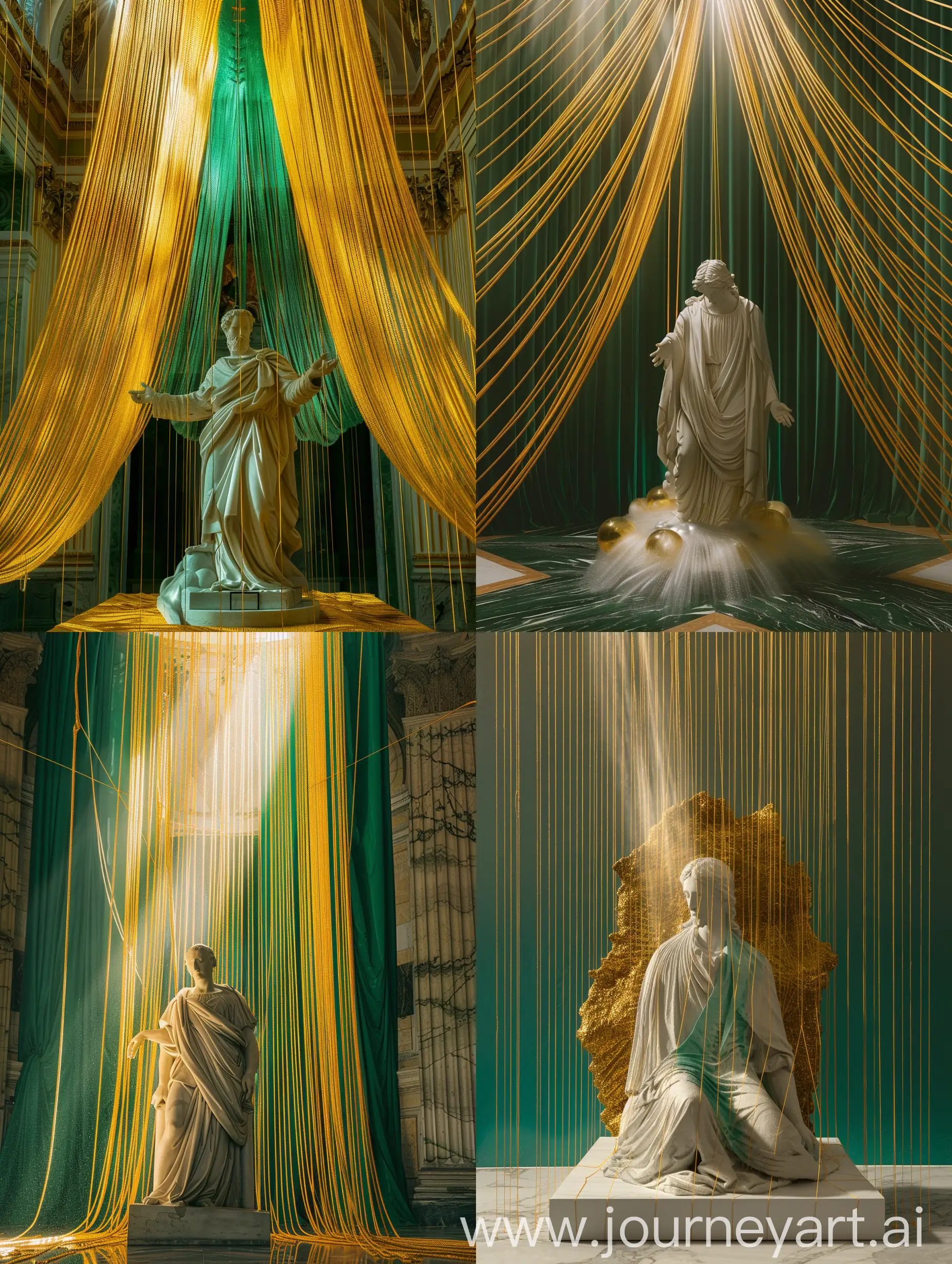 a statue is underneath the golden strings., in the style of light white and dark emerald, christian art and architecture, use of ephemeral materials, photography installations, caravaggesque, god rays, yellow and bronze