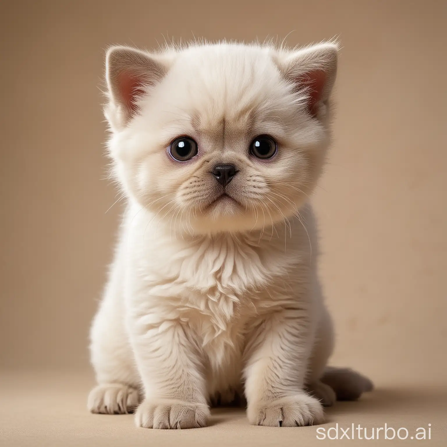 A kitten-like creature with a round face and large, expressive eyes like a British Shorthair cat. Its fur is short and plush, colored a creamy white like the cat breed.
However, it has floppy ears hanging down like a King Charles Spaniel dog. Its body is compact like a cat but with slightly longer legs reminiscent of the dog breed.
The hybrid kitten has a short snout and a small black nose. Its expression is inquisitive and friendly, with a hint of the gentle demeanor associated with both parent breeds.
The lighting is soft and warm, highlighting the kitten's unique features against a slightly blurred background. The overall image conveys a sense of whimsy and the unexpected blending of feline and canine traits into an imaginative new "breed."