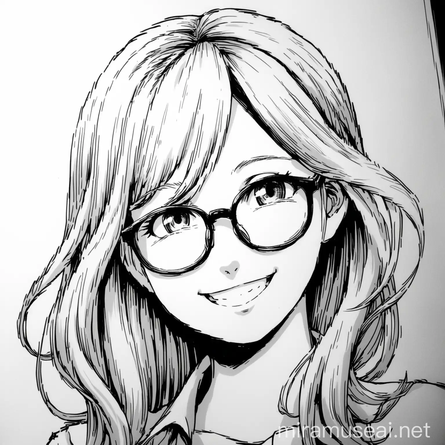 A manga style draw in black and white of a beautifull tall blond gil wearing glasses, she's smilling her hair is medium