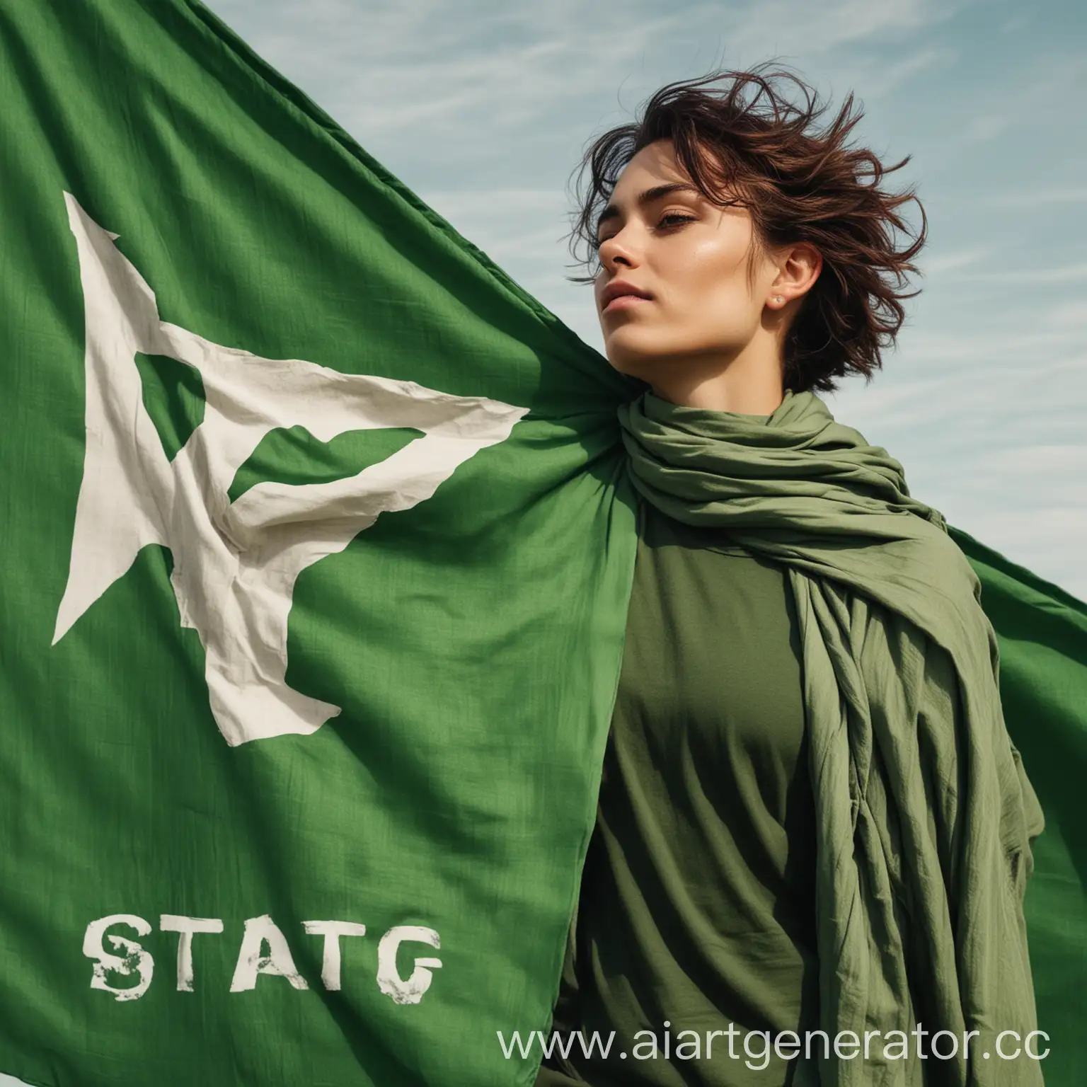 статичное зеленое полотнище с изображением унисекс фигуры, обнимающей мирное знамя