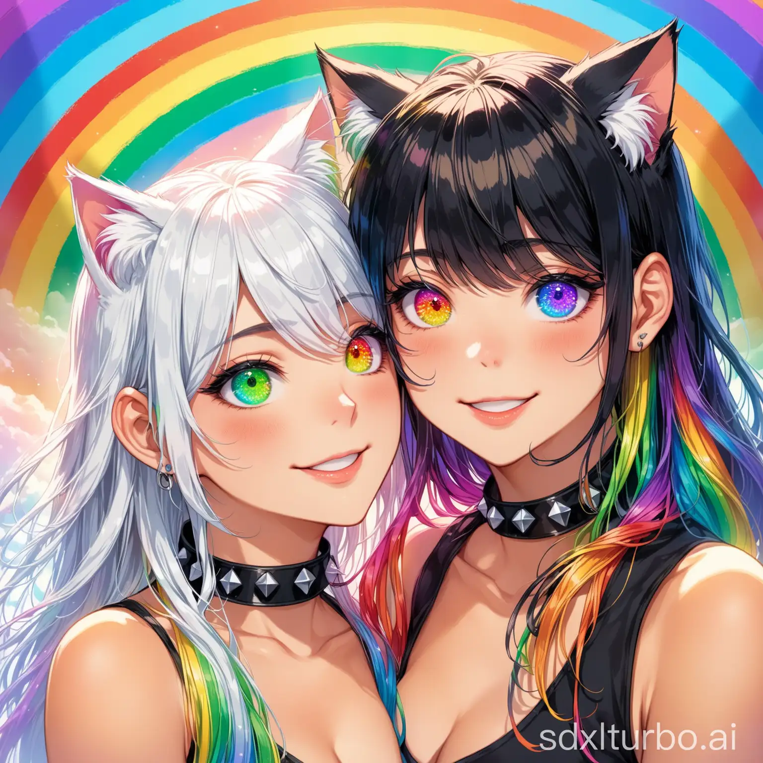 Duo, 2 girls, extremely detailed, masterpiece, best quality, colorful, (finely detailed beautiful eyes and detailed faces), 8k, absurdresnGirl #1: (long hair) (black hair), (human ears:1.1) ((rainbow_colored_strands:1.5)), (rainbow_eyes:1.4), (smile), messy hair, (hyperdetailed eyes)nGirl #2:, expressive eyes, green eyes, mascara, black eyeliner, white hair, pixie cut, cat ears, lips, seductive smile, cat tail, studded collar