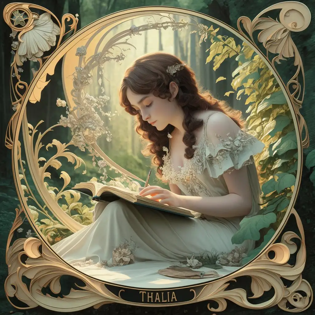 "Thalia" young beautiful brunette studying, forest setting, art nouveau, detailed.