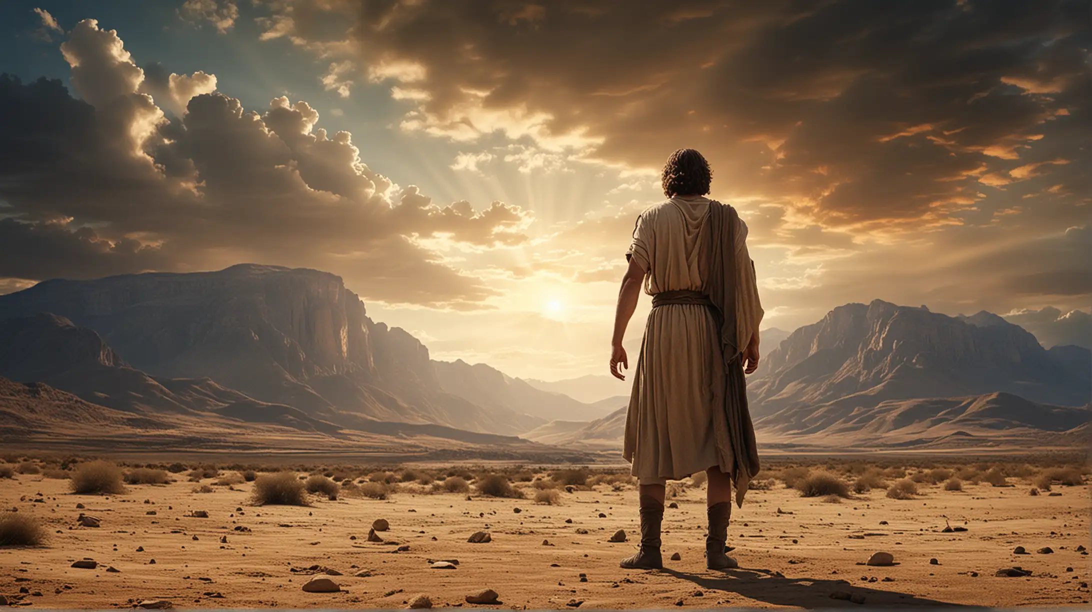 an actual Giant as mentioned in the Bible, in a desert field facing a young man.  Mountains and a magnificent sky. Set during the Biblcal era of Joshua.